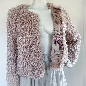 Free People Dusty Pink Faux Fur Jacket with Silk Floral Liner & Pockets 🌸